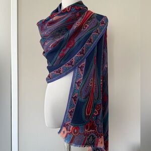 Etro Cashmere Paisley Scarf in Blue and Red 62.5/24.5